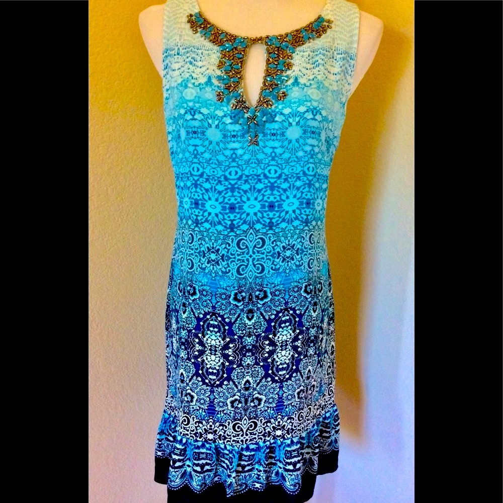 White House Blk Mkt sleeveless dress aqua blue ombré keyhole chest embellished